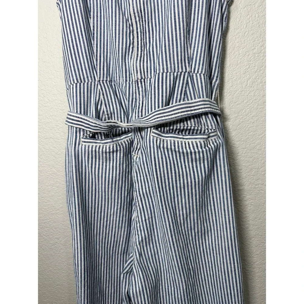 Madewell‎ Blue White Striped Sleeveless Wide Leg Jumpsuit Size 6 Belted Pockets